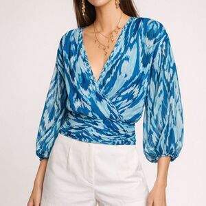 Ramy Brook Blaire Wrap Top Blue Ikat Print Long Sleeve Size Large